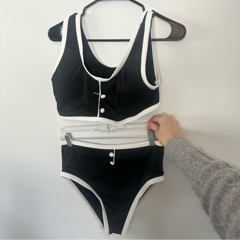 Retro Black and White Contrast Trim High Waisted Bikini Set Button Detail XL